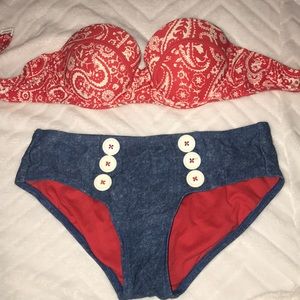 Red and blue bikini with buttons on the bottoms